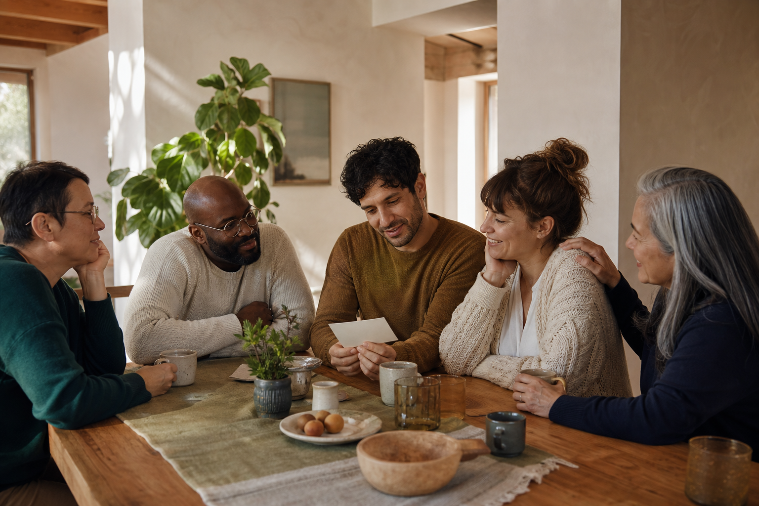 A diverse group of adults sharing a supportive conversation around a table