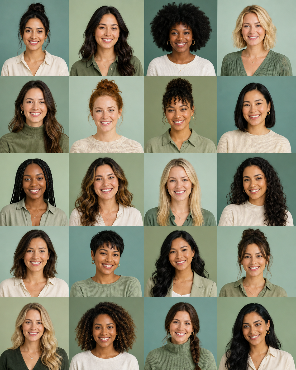 Illustrated portrait mosaic of twenty diverse adult women against green backgrounds