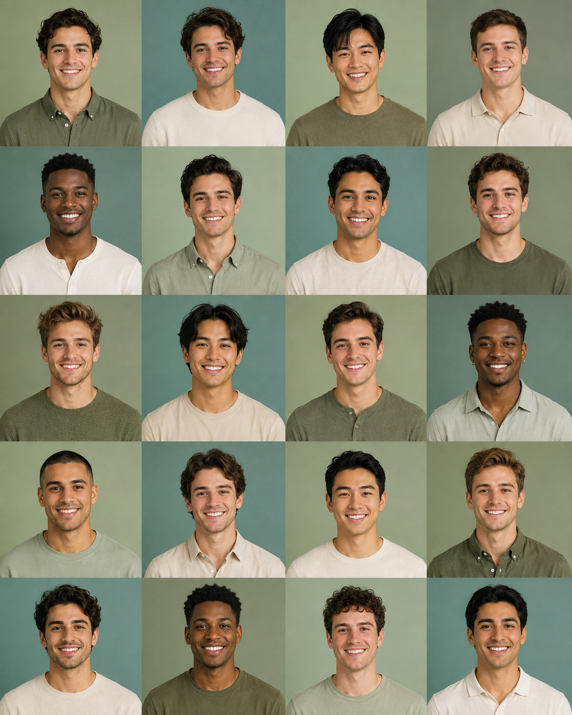 Illustrated portrait mosaic of twenty diverse adult men against green backgrounds